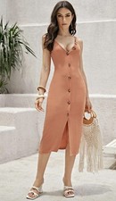 Rib Knit Apricot Orange Button Front Solid Midi Dress Size XL 14 Holiday’s 