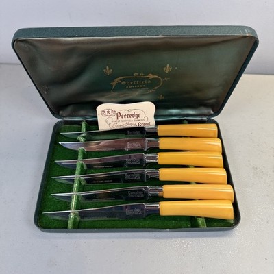 6 Sheffield 1940s Peeredge Forever Sharp Regent Silverline Steak Knives w Case