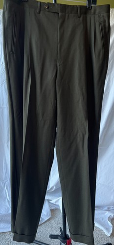 Canali, Vintage Canali Pleated Cuffed Trousers 35.5x30 Olive Pinstripe Wool Italy