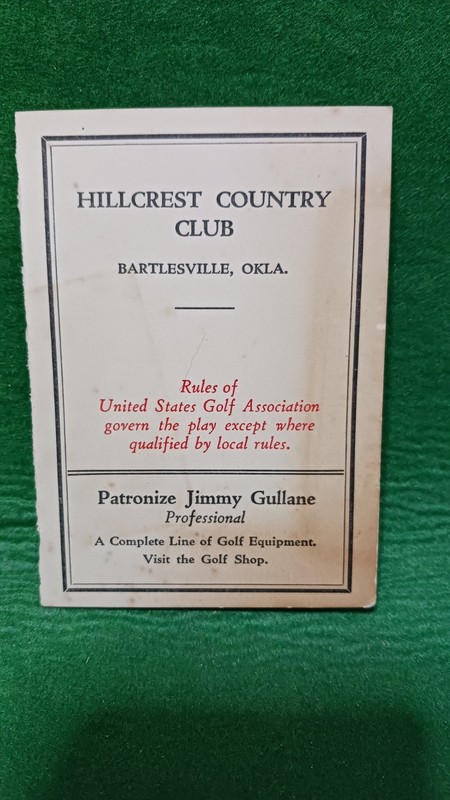 GOLF SCORE CARD, HILLCREST COUNTRY CLUB, JIMMY GULLANE, PRO