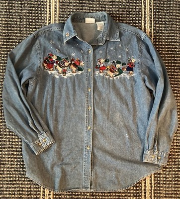 Bobbie Brooks Denim Shirt Womens Sz Lg Embroidered Bears Ice Skating Granny Core