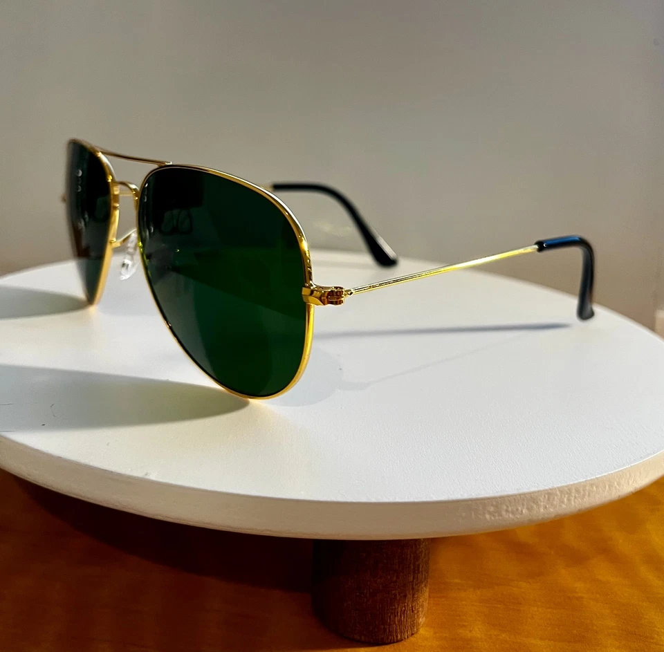 Óculos de sol aviador unissex dourado armação de metal lentes de vidro verde - Imagem 3 de 3