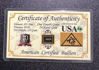 Vintage 24 Kt Gold Ingot! 1/4 Grain! .9999 FINE GOLD 100% Certified Gold Bullion