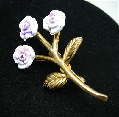 TRIPLE Dusty ROSES Pink Purple Enamel FLOWER BROOCH Vintage PIN