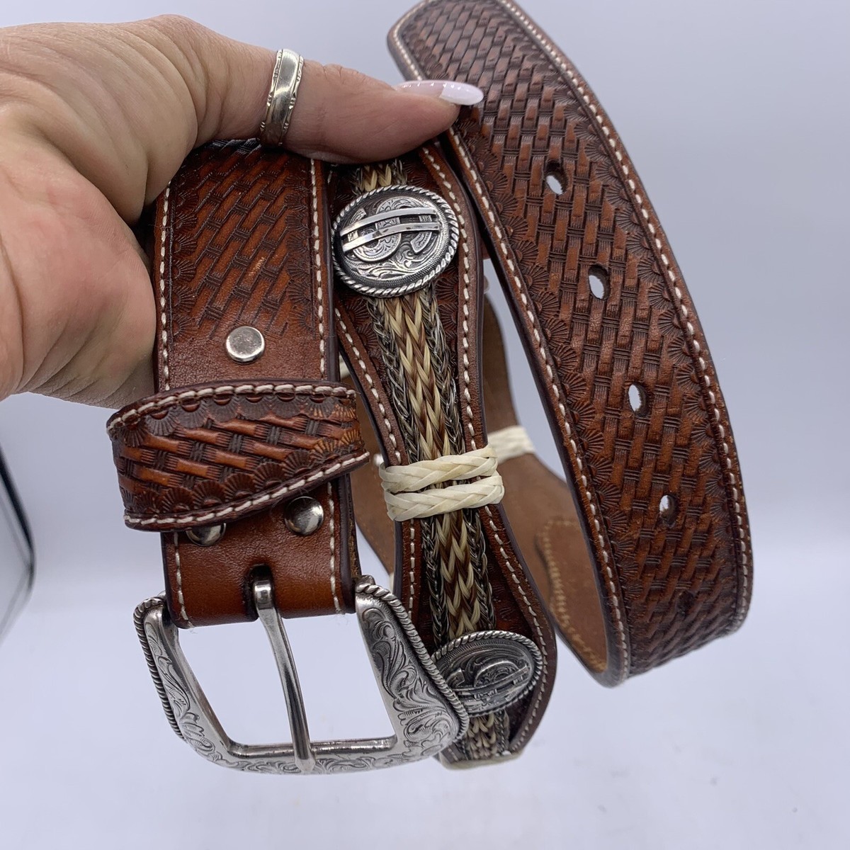 Nocona Leather Belt Dollar Sign $ Concho Weave Braid Scallop  display picture 3