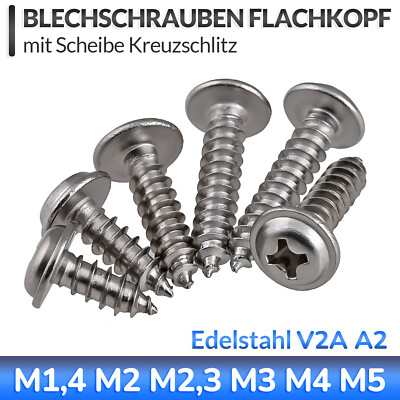 Blechschrauben Flachkopf mit Scheibe Kreuzschlitz A2 Edelstahl M1,4 M2 2,3 - M5