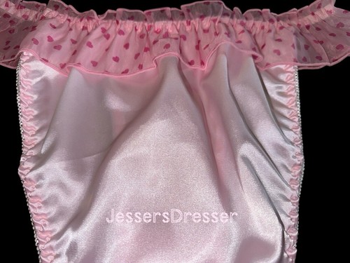 Cute Pink Satin w Heart Print Sheer Chiffon Flutter Sides Bikini Panties XL New - Picture 4 of 5