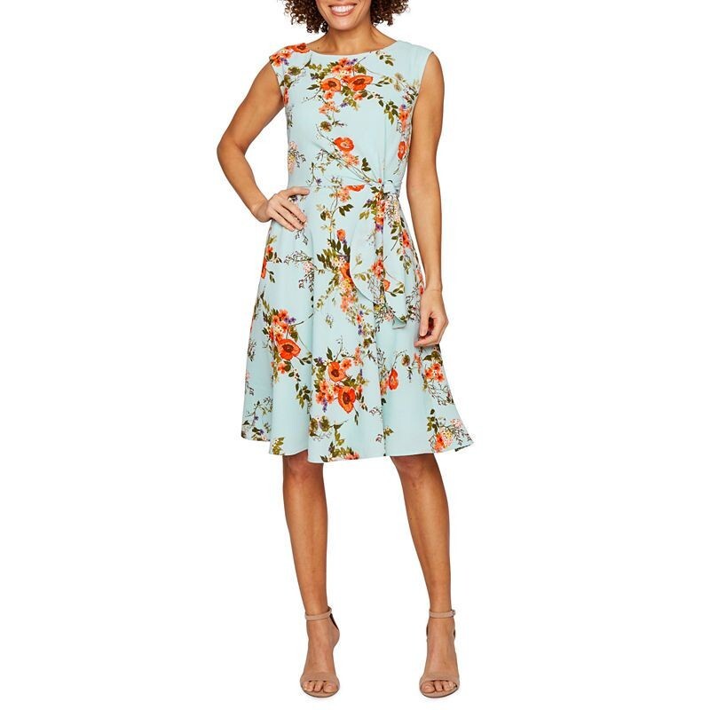 CHELSEA ROSE BLUE FLORAL TIE FRONT CREW NECK FIT N FLARE DRESS