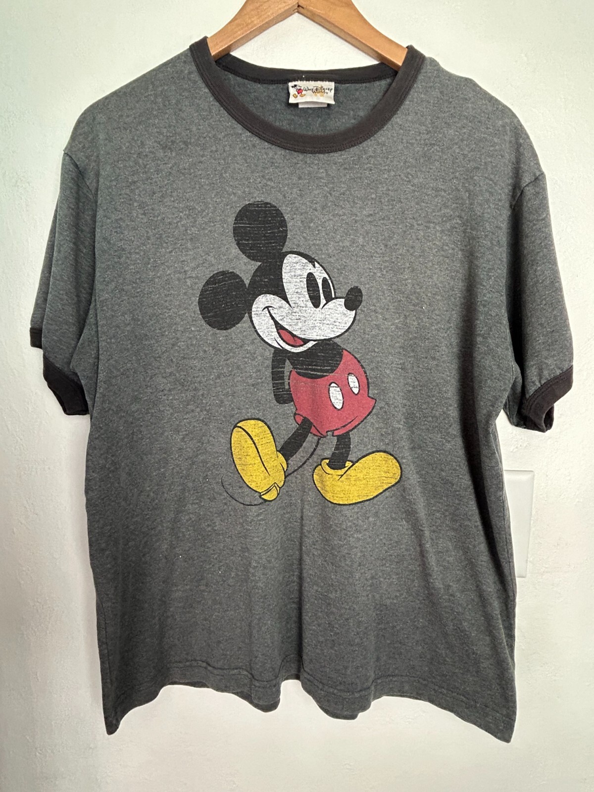 Y2K Mickey Mouse Ringer Tee for Men in Gray Size L - Disney World Style