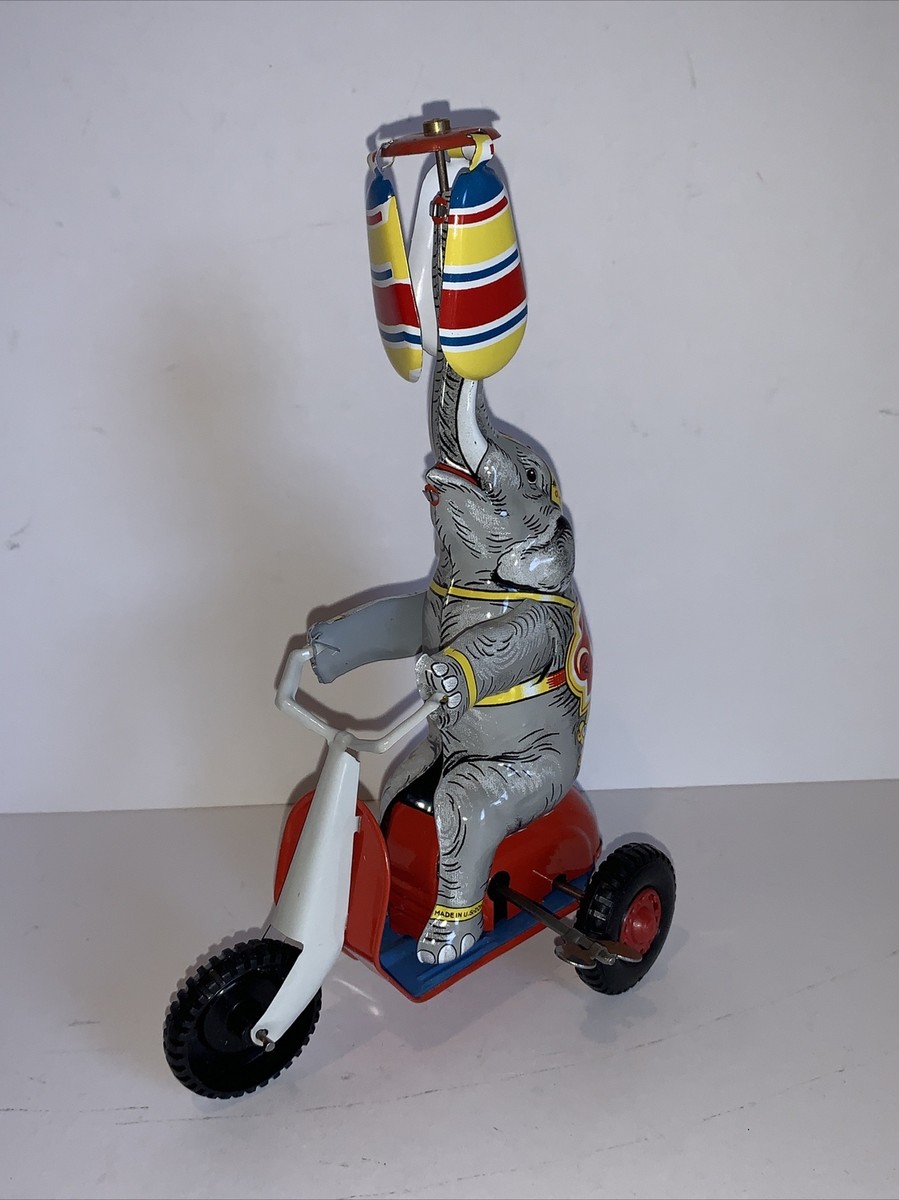 Rare Vintage German Tin Toy Circus Elephant on Tricycle with