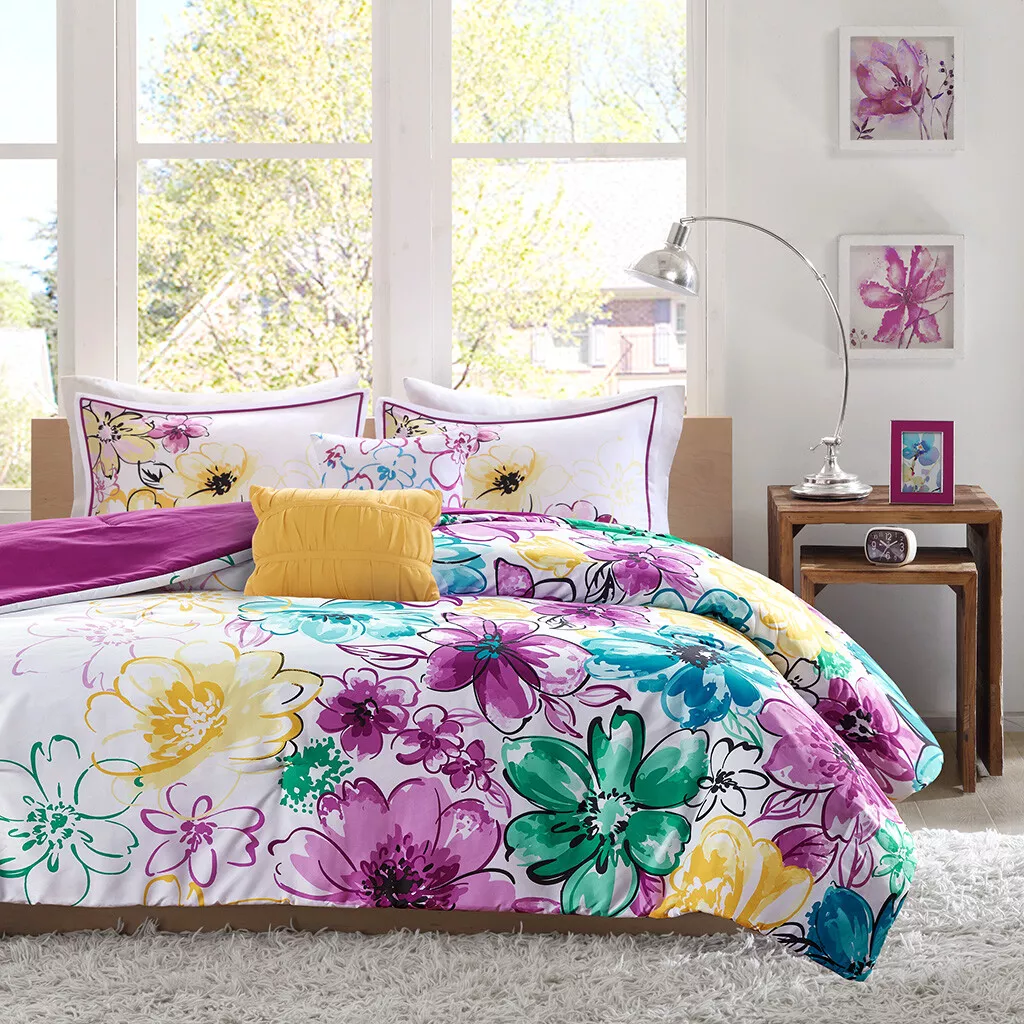 NEW WATERCOLOR BLUE AQUA TEAL PURPLE GREEN YELLOW FLOWER SOFT COMFORTER SET