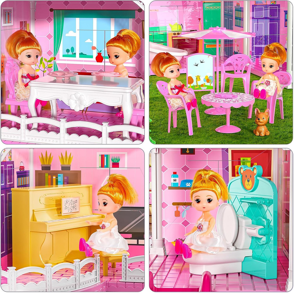 Doll House, Dream Doll House Furniture Pink Girl Toys, 4 Stories 10 Rooms  Dollhouse with 2 Princesses Slide Accessories, Toddler Playhouse Gift for