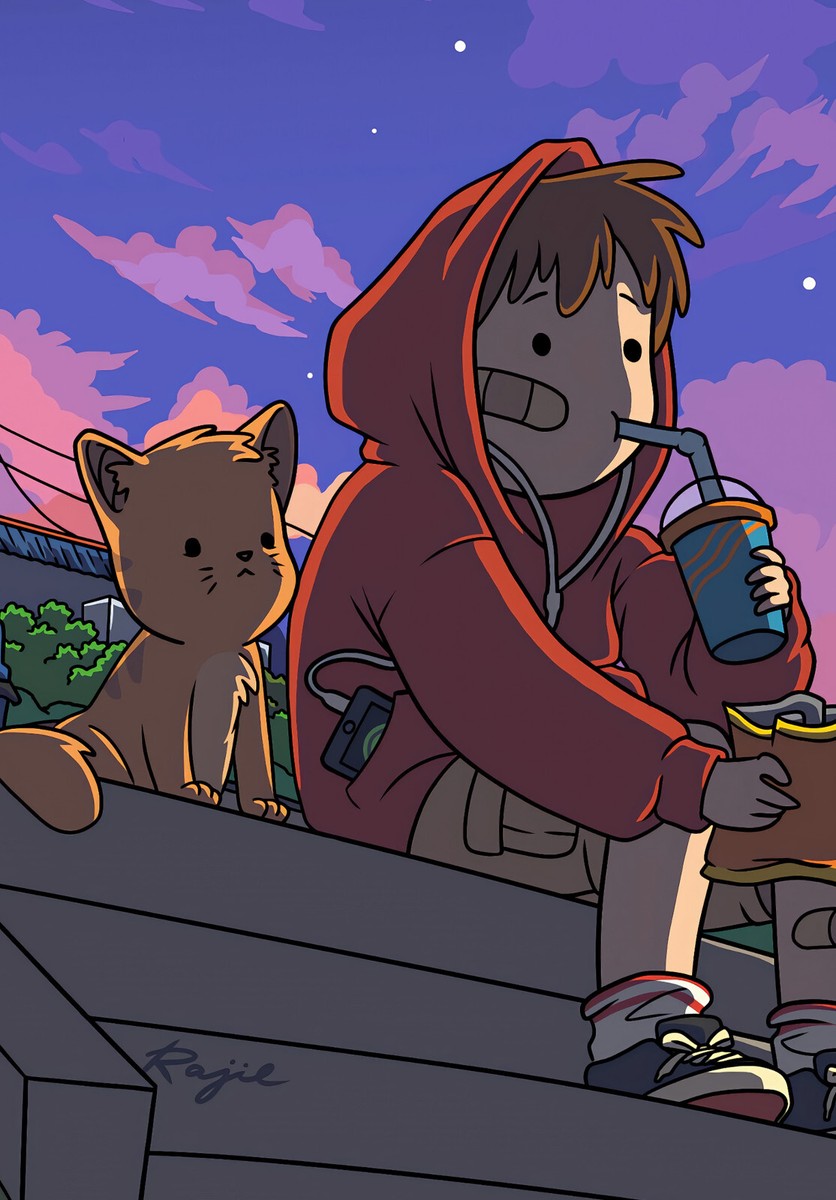 Anime Boy Chill Eating Snack with Puppy Ultra Museum Quality A2 Size Posters