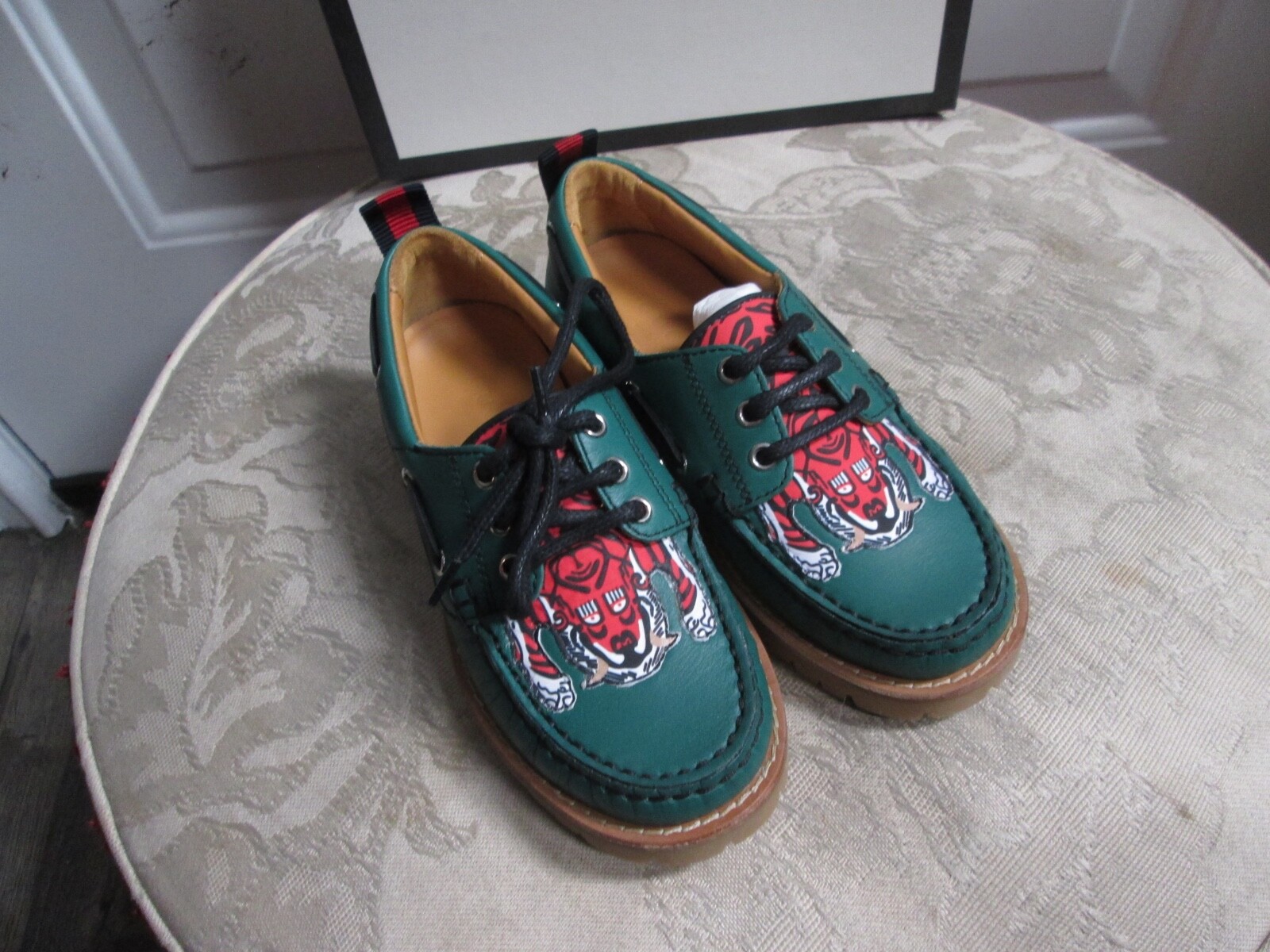 NWB Gucci Boy Toddler Green Leather Loafer w/ Red Animal print Sz Eur 27/US 10.5 image 6