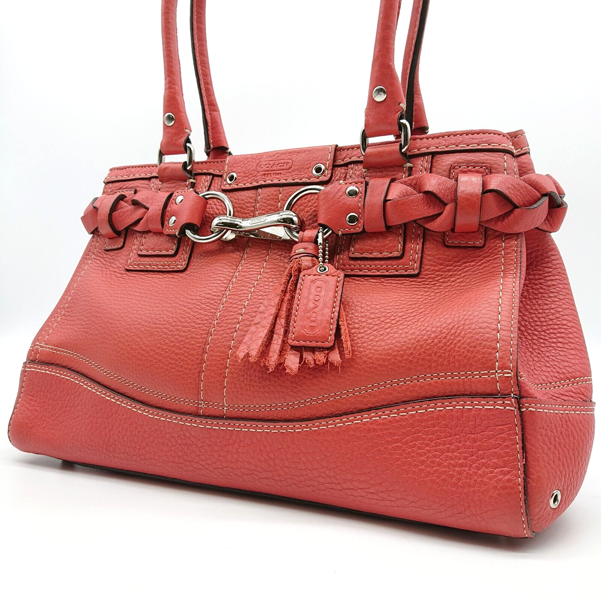 COACH Shoulder Bag Red F13084 Leather Tote Bag Hamptons Made in 