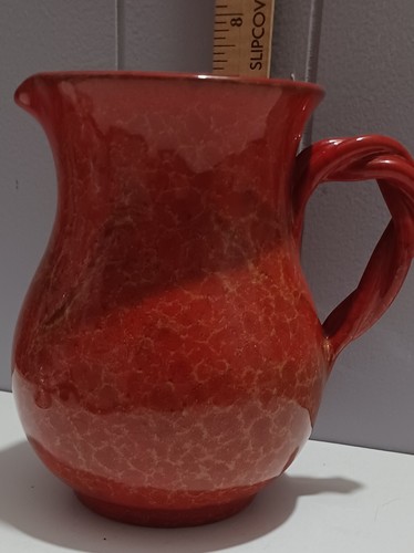 Vintage Red Yellow Muttled Glazed Italian Pottery Pitcher Braided Handle Italy - Picture 3 of 4