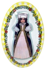 Vintage The Box Company Victorian Doll Oval Tin Metal England Daher Yellow White