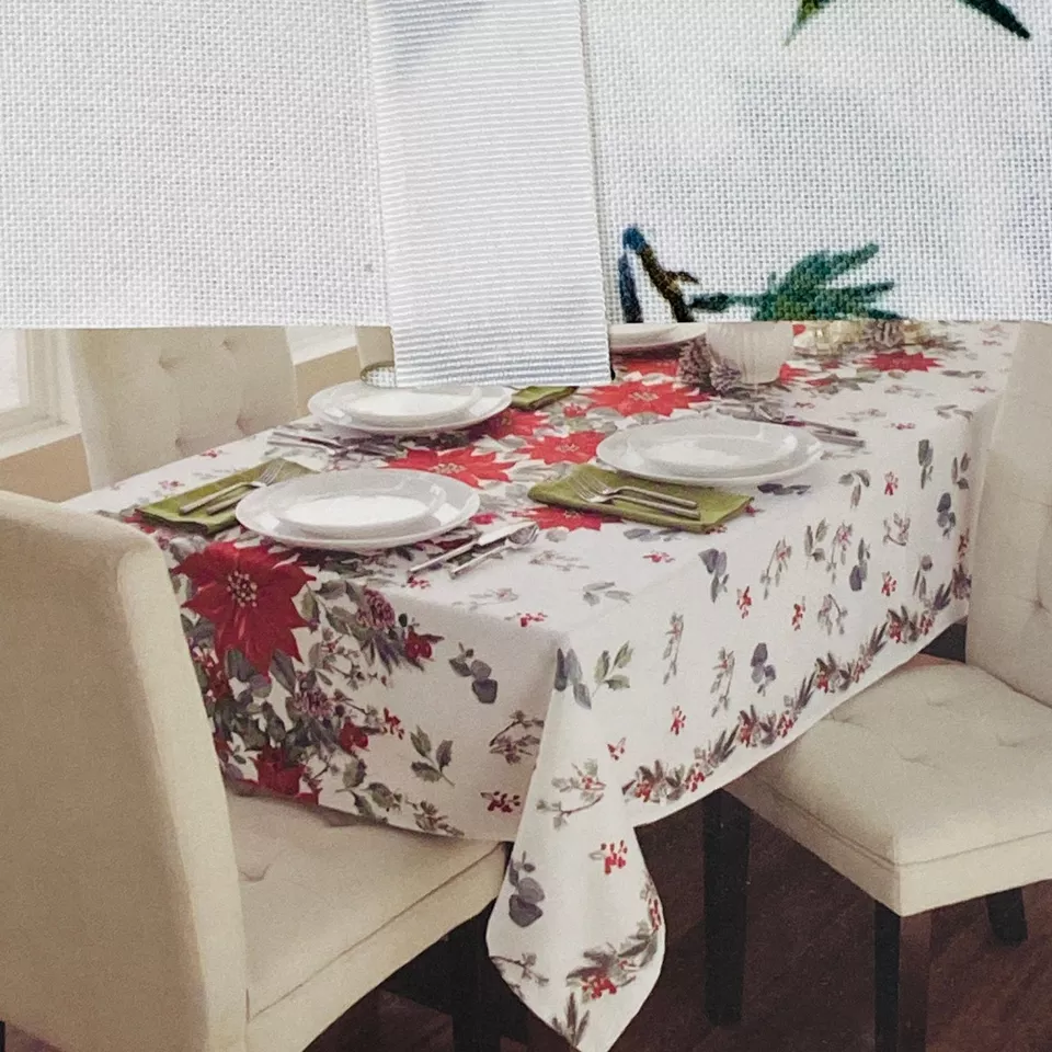 Cynthia Rowley Christmas Floral Poinsettia 60"x84" Rectangular Tablecloth - Image 2 of 2