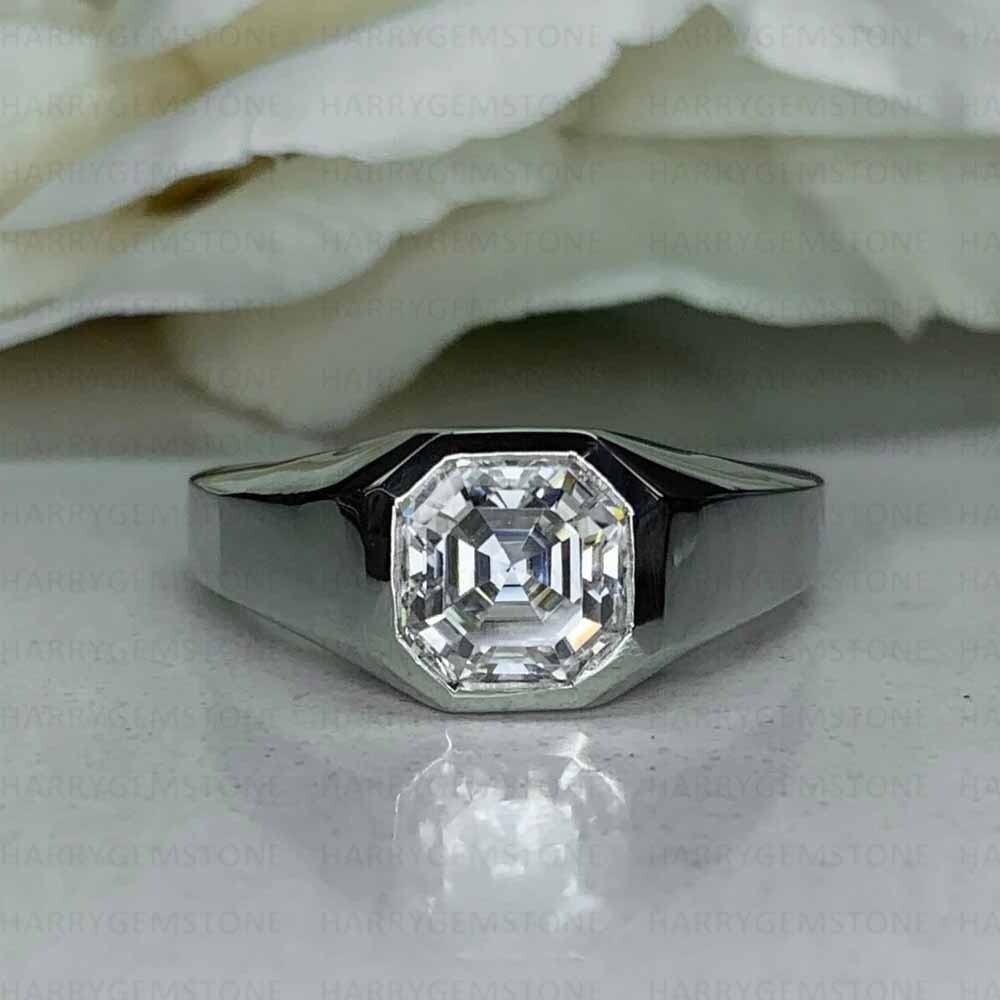 14K White Gold Plated VVS1 Moissanite Asscher Cut Groom Engagement Ring