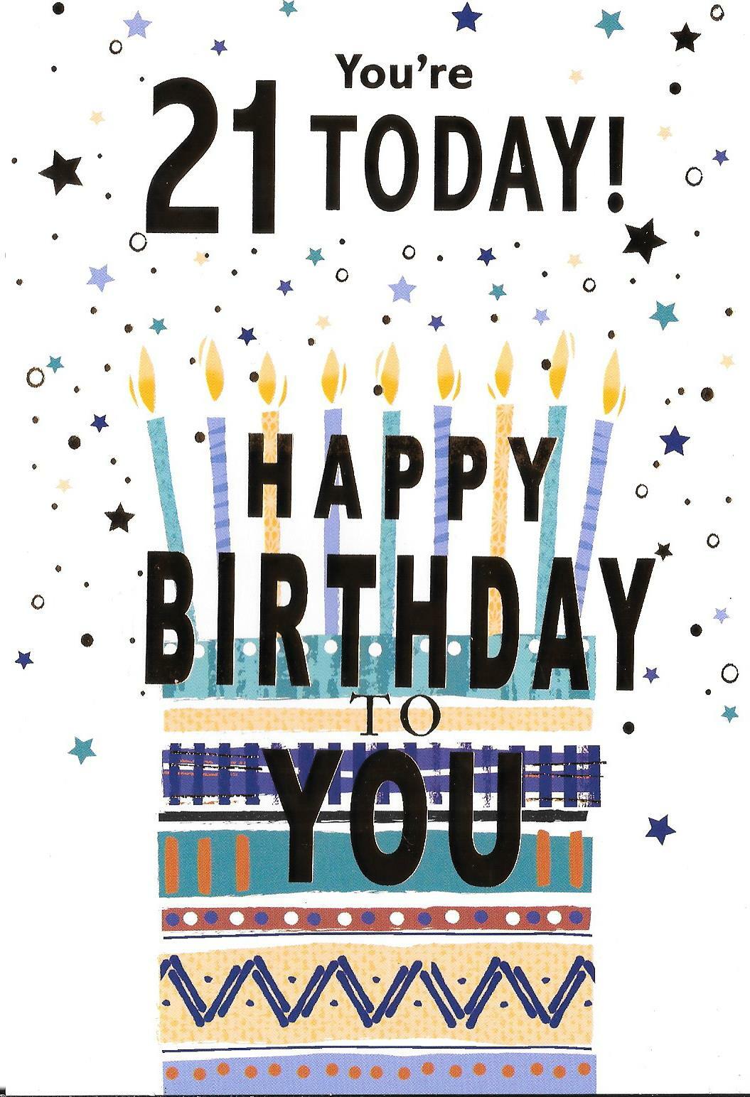 21st BIRTHDAY CARD -  AGE 21  - BIRTHDAY CAKE WITH CANDLES