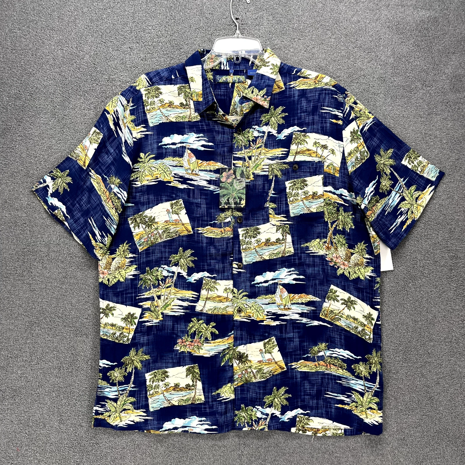 Campia Shirt Mens Large Blue Hawaiian Sport S/S beach cruise Easy Care