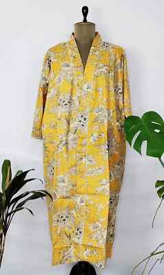 1 PC Indian block Print 100% cotton robe gown Hippie women maxi kimono dresses