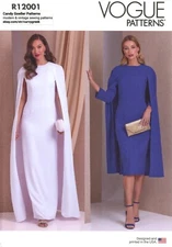 Vogue R12001 Lined Cape Dress w Jewel Neckline, 2 Lengths Sz 18-26 UC V1982