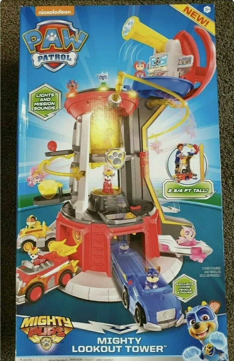 NEW PAW Patrol Super Mighty Pups Lookout Tower playset lights sound!