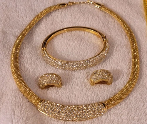 Vintage Christian Dior Gold Tone Rhinestone Necklace, Bracelet, Earrings Set