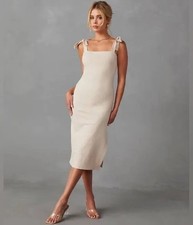 Beige Sheath Midi Dress Sleeveless Square Neck Bow Accents Solid Zip Closure
