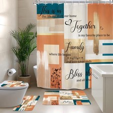 Beige Orange Blue Abstract Oil 4Pcs Bathroom Shower Curtain Set with Rugs