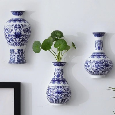 Ceramic vase antique blue and white porcelain flower container lucky bamboo home
