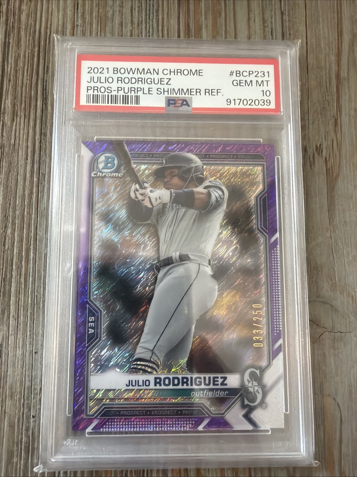 2021 Bowman Chrome Julio Rodriguez BCP231 Purple Shimmer Refractor /250 PSA 10 view 1