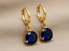 Drop dangle deep blue round earrings 18CT yellow gold plated.