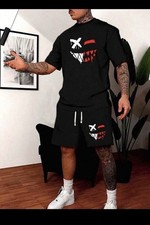 Men's 2 Piece Black Red White Graphic T-Shirt Shorts Set Crew Neck Summer Sports