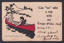 UNITED STATES, Postcard, Can "oo" take a trip with me Romantic Canoe Lovers