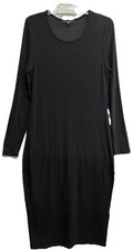 Quince Tencel Rib Knit Long Sleeve Sweater Dress Sz Large Black Midi Back Slit