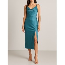 VENUS Teal Satin Slip Dress Size 8 Cowl Neck Adjustable Straps Midi Slit Party