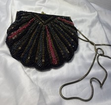 Vintage Black Beaded Evening Purse Brass Frame Snake Chain Art Deco Style Bag