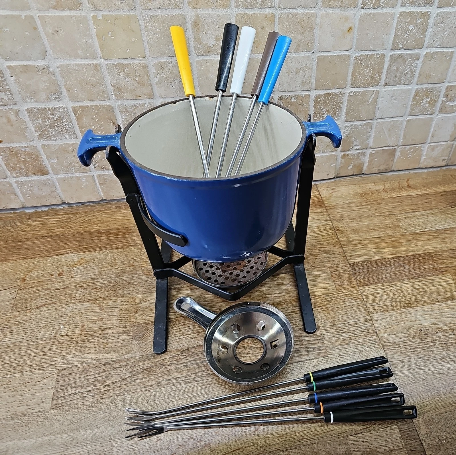 Vintage Retro Le Creuset Cast Iron blue Fondue Set with stand, burner and forks