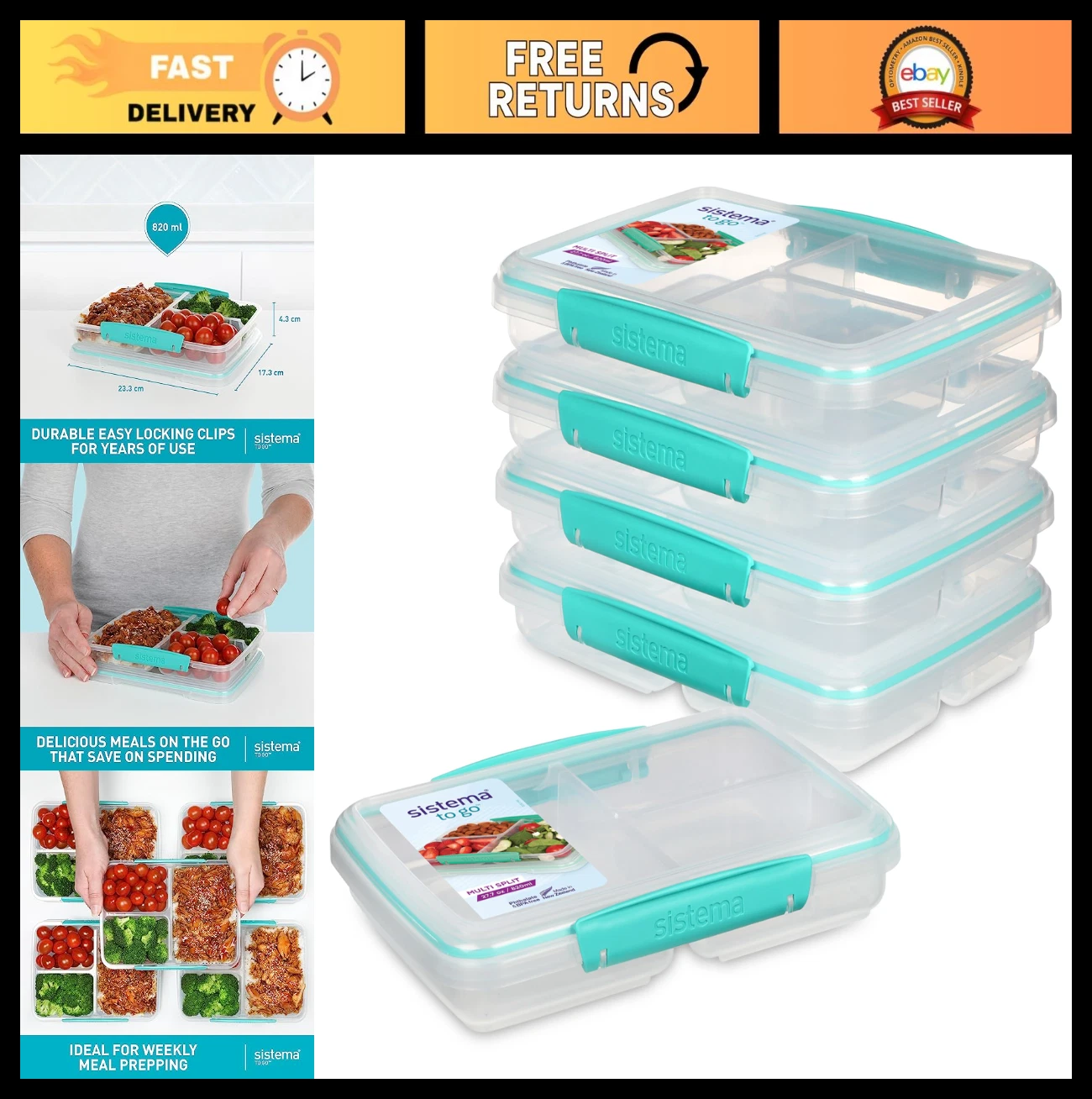 Multi Split Meal Prep Containers 820ml - BPA-Free Lunch Boxes with Dividers & Cl