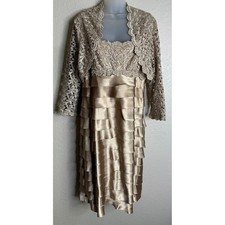 Cachet Womens 12 Dress Set Gold Lace Tiered Satin Bolero Jacket 2 Piece Formal