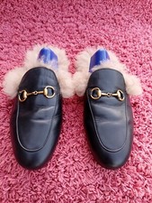 Auth GUCCI WMN's Black Leather Horsebit Fur Princetown Jordaan Mules Size 37