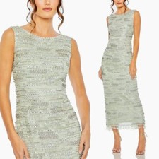 Mac Duggal NEW Sage Green Sleeveless Crystal Fringe Column Dress $698 - Size 14