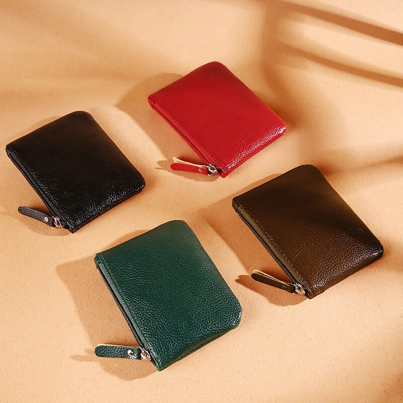 Real Leather RFID Zip Card Holder With Keychain Zipper Purse 