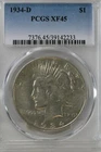1934-D  $1   PCGS   XF 45   Peace Dollar,  1900's Silver Dollar,