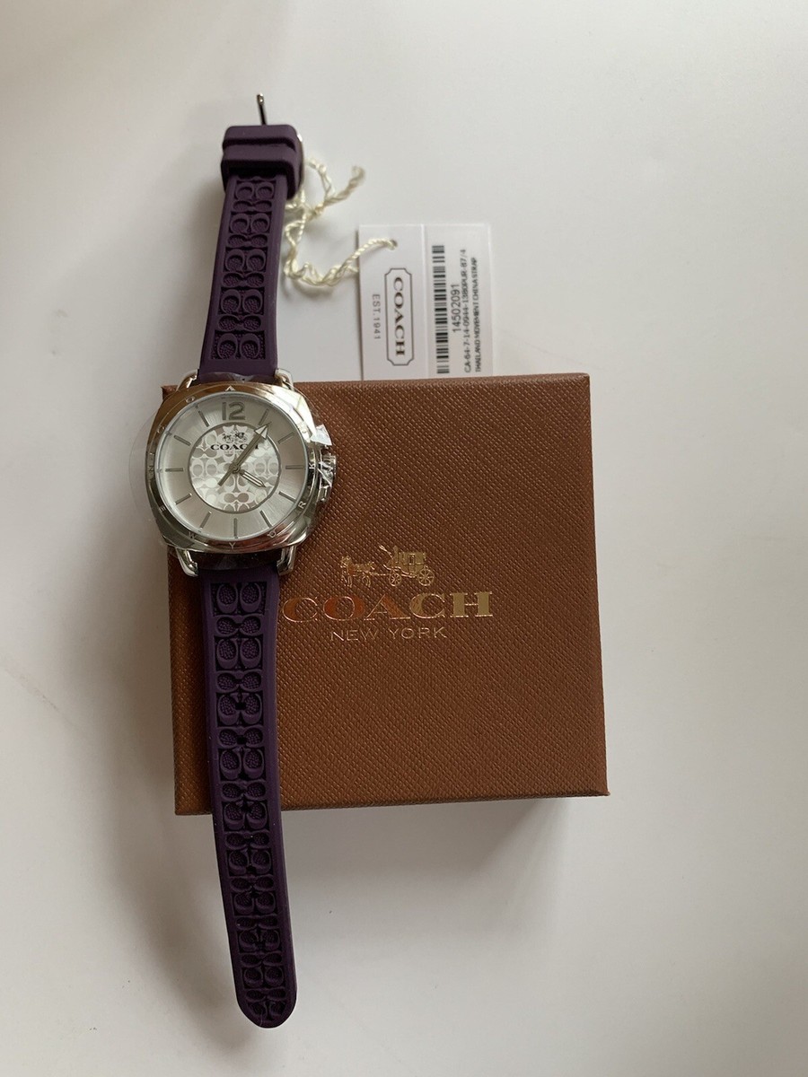 NWT COACH Boyfriend Watch Eggplant Silicone Band Silver Face in box, Never  Used
