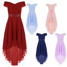 US Girls Off Shoulder Chiffon Junior Bridesmaid Dress High Low Wedding Gown