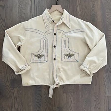 Vintage Western Chain Stitched Tie Front Blouse in Pale Yellow Size Small