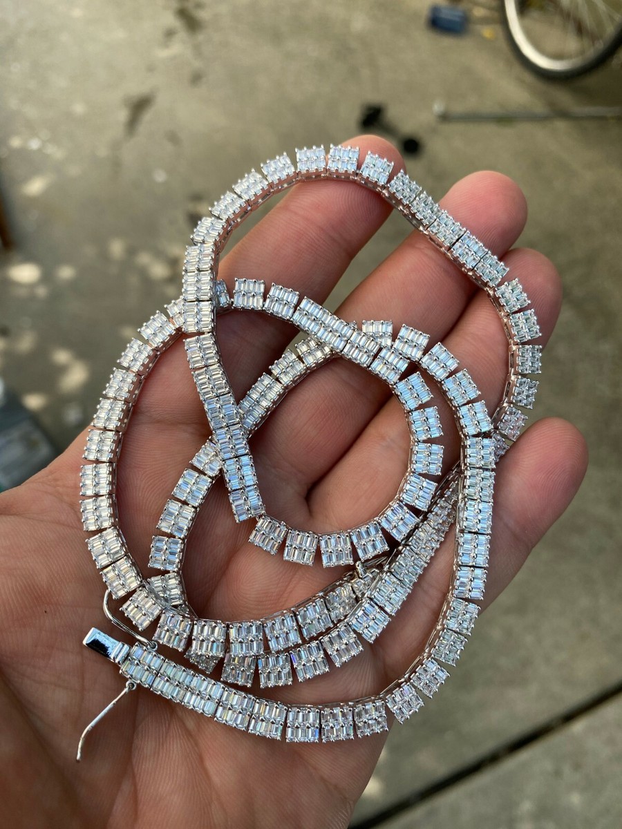 SOLID 925 Sterling Silver Baguette Tennis Chain ICED CZ Necklace